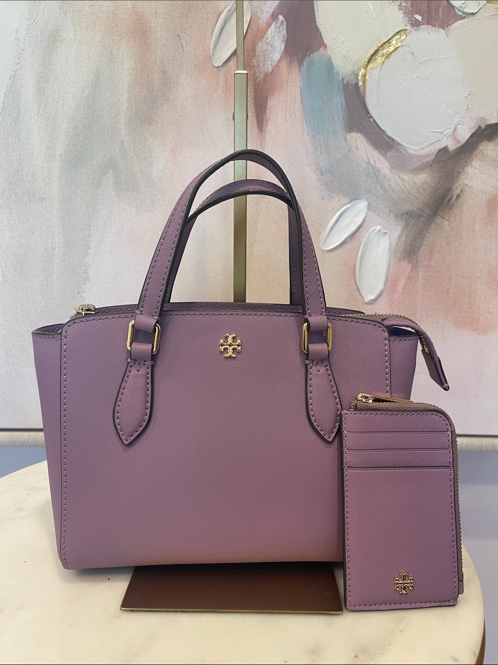 Rare Color! Tory Burch Lilac Emerson Mini Top Zip Tote/Satchel With Card Wallet